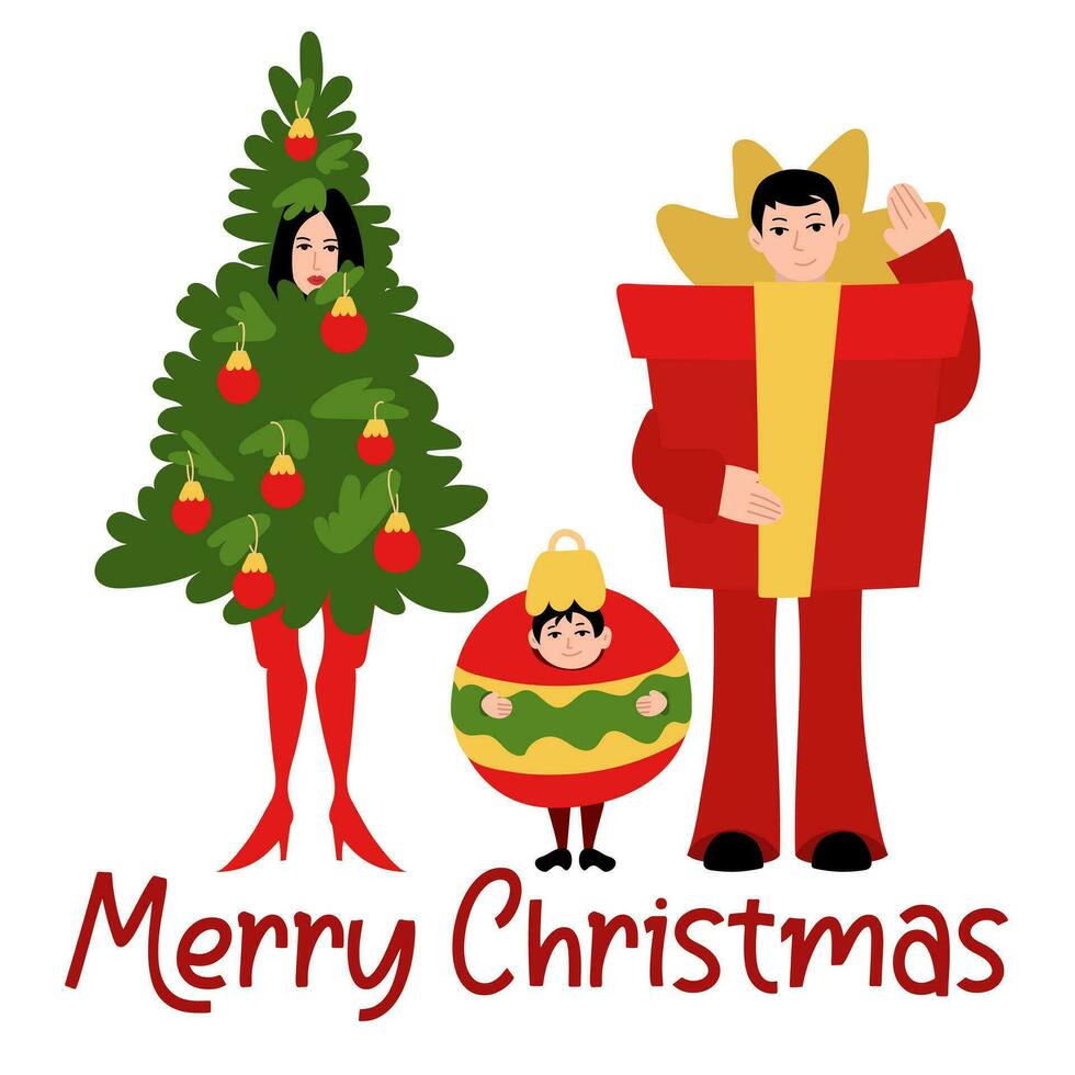 Noël salutation carte. une famille dans costumes de une Noël arbre, une cadeau, une Noël arbre jouet. Noël ensemble sur une blanc Contexte. famille salutation carte comme une cadeau vecteur