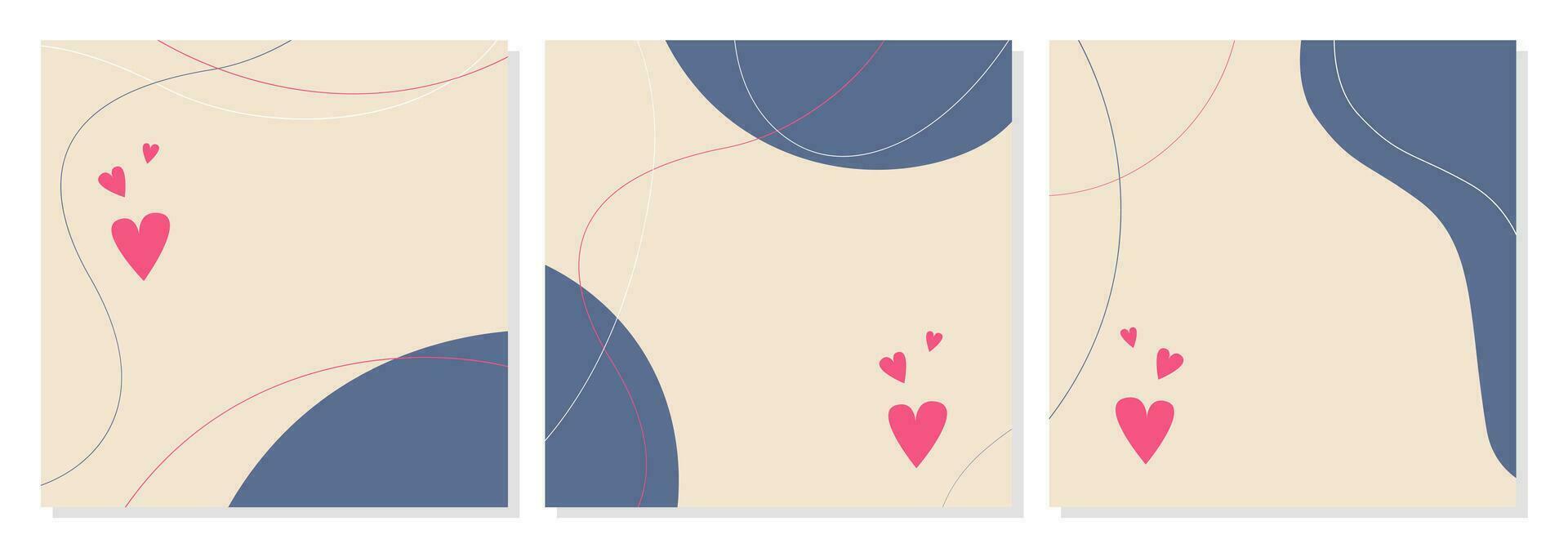 ensemble de romantique affiches, modèle avec cœurs et ligne formes dans boho style, Vide espace pour insérer. Facile abstrait Contexte. bleu et rose couleurs. vecteur