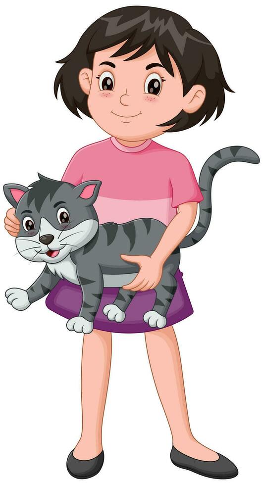mignonne fille en portant chat. vecteur illustration