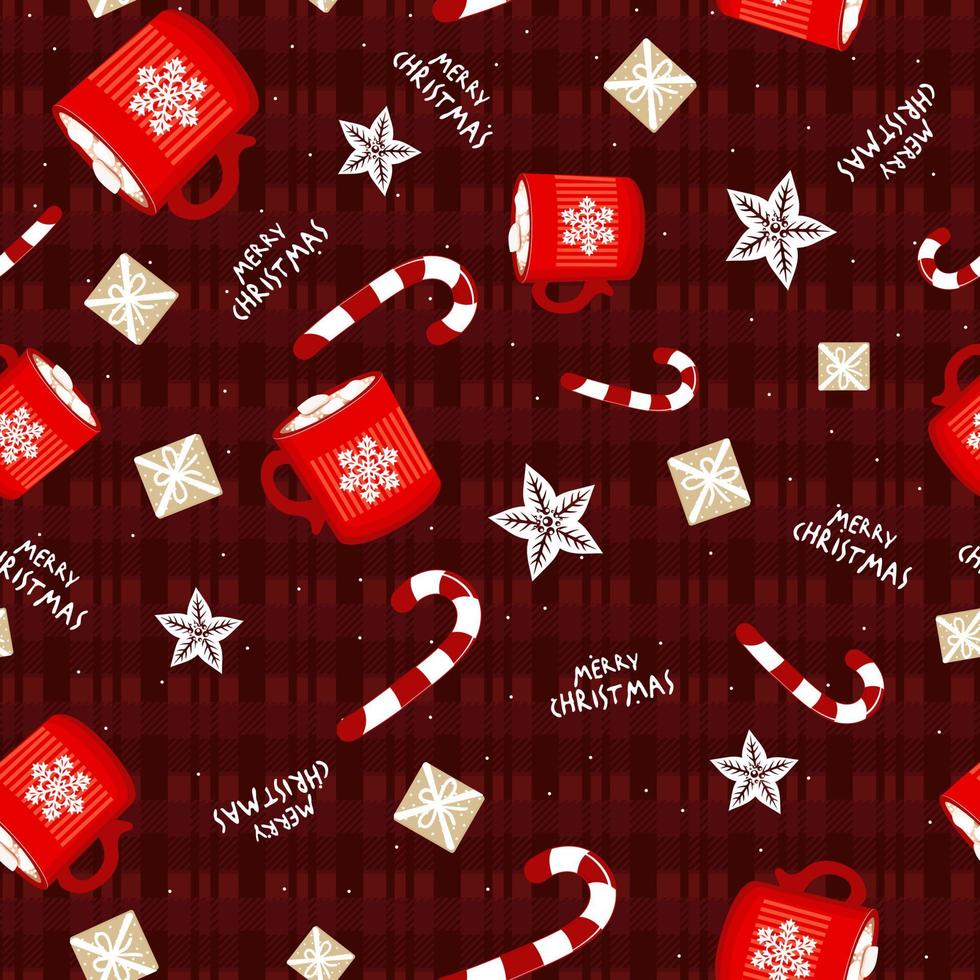 Noël sans couture avec des tasses à boire avec des guimauves, cadeau, poinsettia. illustration vectorielle pour la couverture, la carte, le textile et le design d'intérieur pour le nouvel an. vecteur