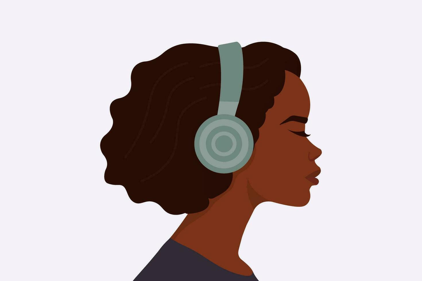 fille écoute à la musique dans écouteurs. profil de une Jeune africain femme. podcast, livre audio, radio, méditation concept. vecteur plat illustration