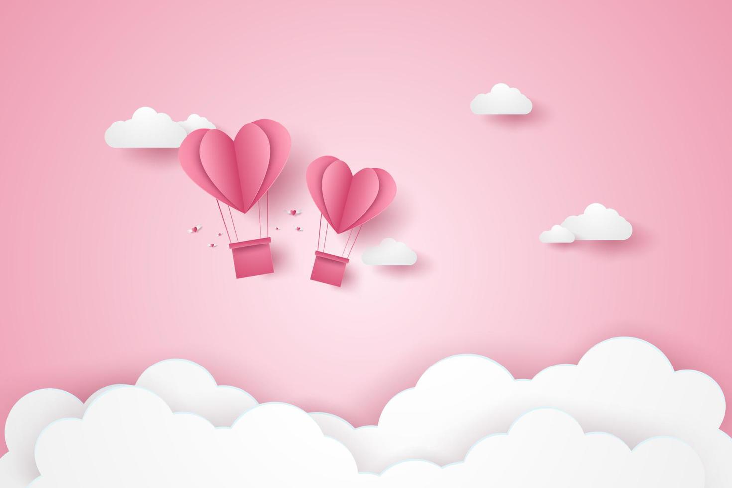 saint valentin, illustration de l'amour, ballons à air chaud coeur rose volant dans le ciel rose, style art papier vecteur