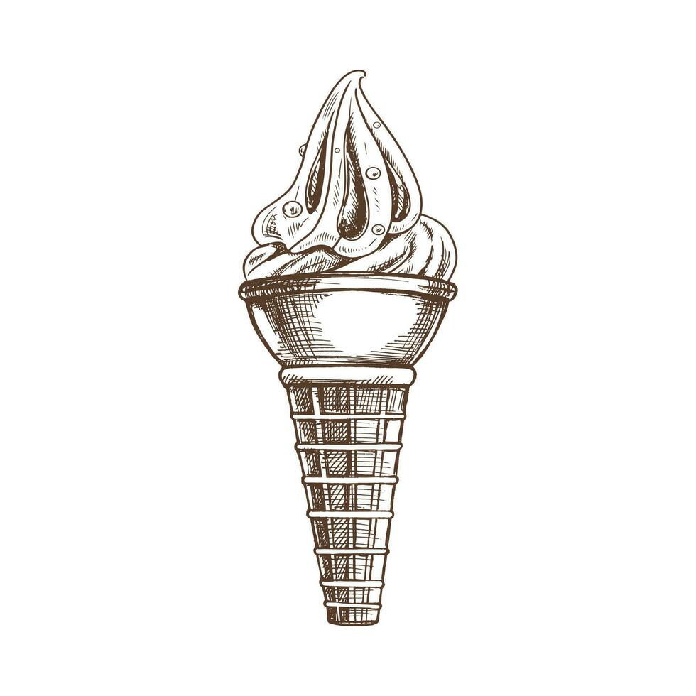 une dessiné à la main esquisser de une gaufre cône avec congelé yaourt ou doux la glace crème avec Pâtisserie perles. ancien illustration. élément pour le conception de Étiquettes, emballage et cartes postales. vecteur