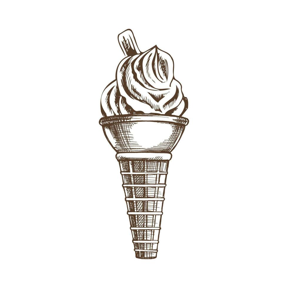 une dessiné à la main esquisser de une gaufre cône avec congelé yaourt ou la glace crème avec biscuits. ancien illustration. élément pour le conception de Étiquettes, emballage et cartes postales. vecteur