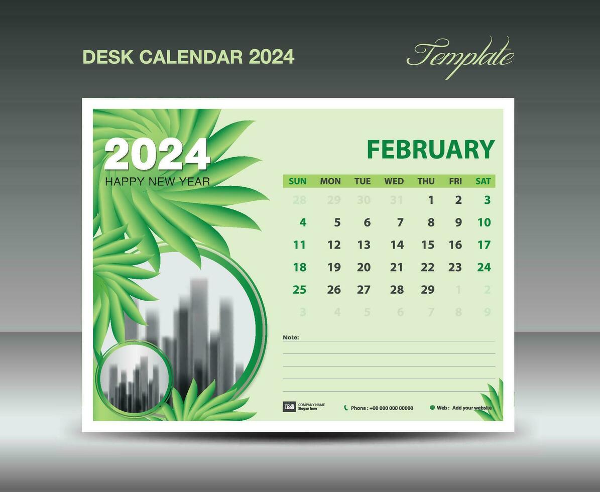 calendrier 2024 conception- février 2024 modèle, bureau calendrier 2024 modèle vert fleurs la nature concept, planificateur, mur calendrier Créatif idée, publicité, impression modèle, vecteur eps10