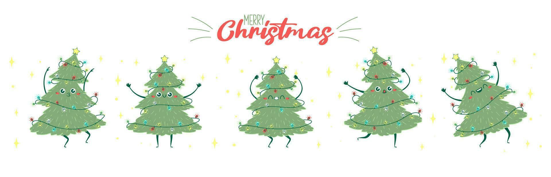 de félicitations longue la toile bannière avec kawaii griffonnage Noël arbre dansant. enfants Fait main naïve style. Facile Nouveau année personnage content épicéa. vecteur