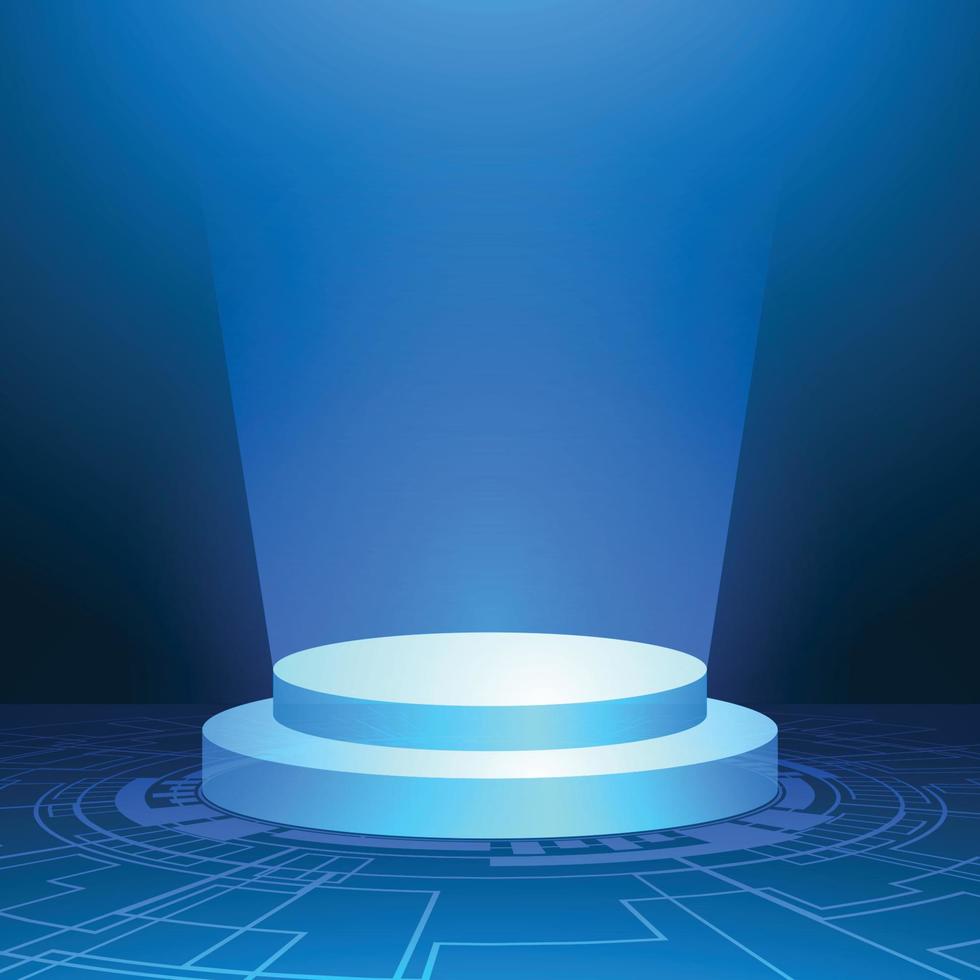 podium avec lumière bleue, fond bleu minimal, forme géométrique, carte de circuit numérique technologique vecteur