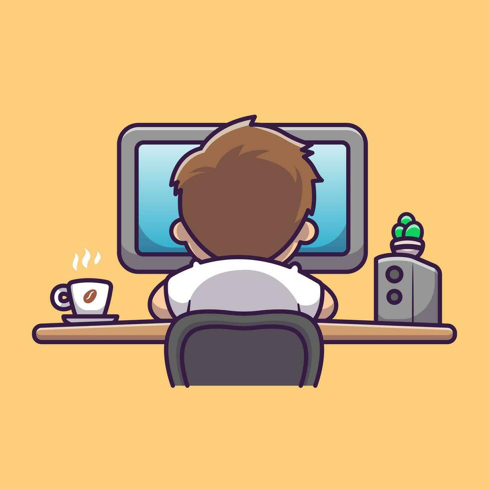 mignonne homme travail sur ordinateur avec café dessin animé vecteur icône illustration. gens La technologie icône concept isolé prime vecteur. plat dessin animé style