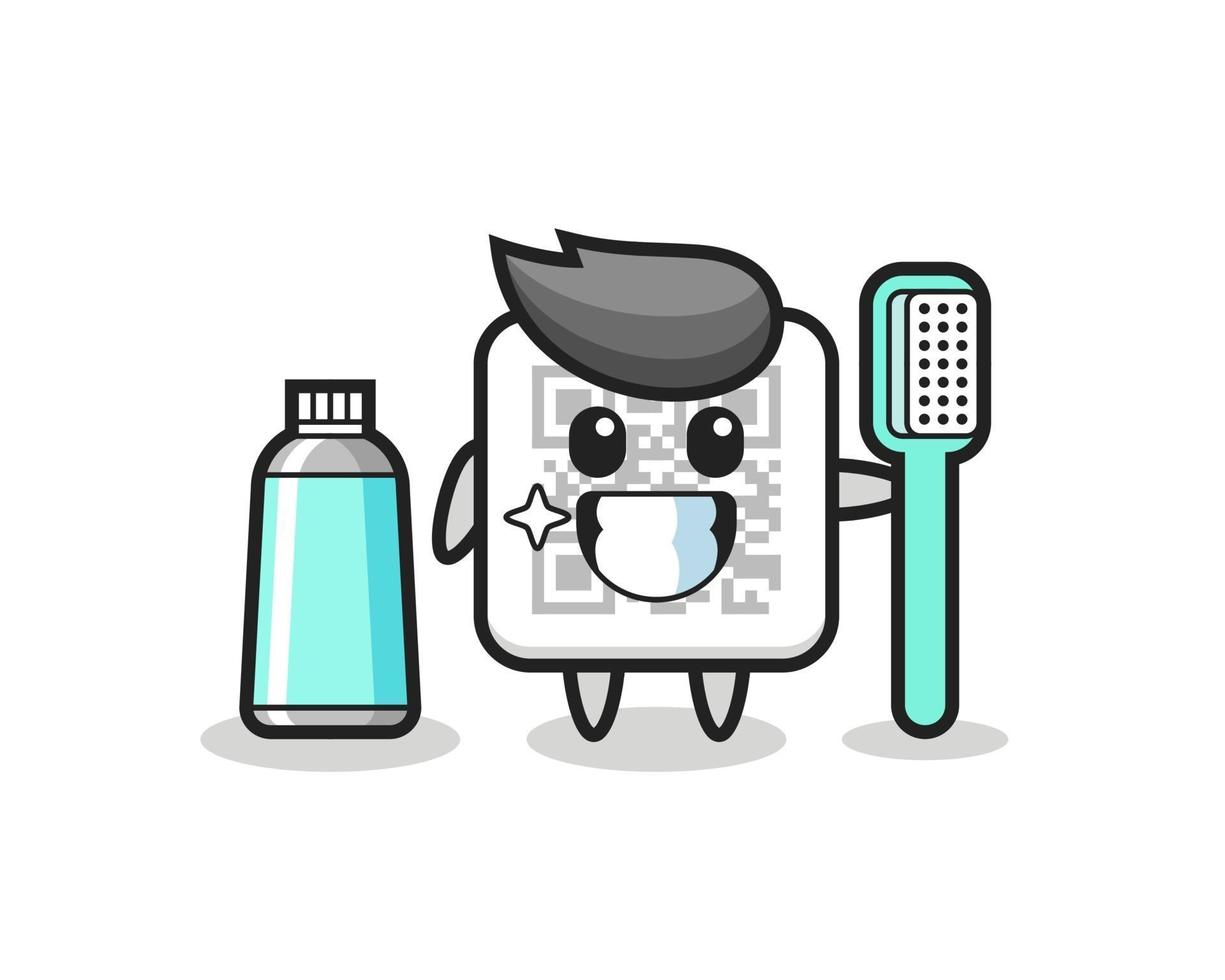 mascotte illustration du code qr avec une brosse à dents vecteur