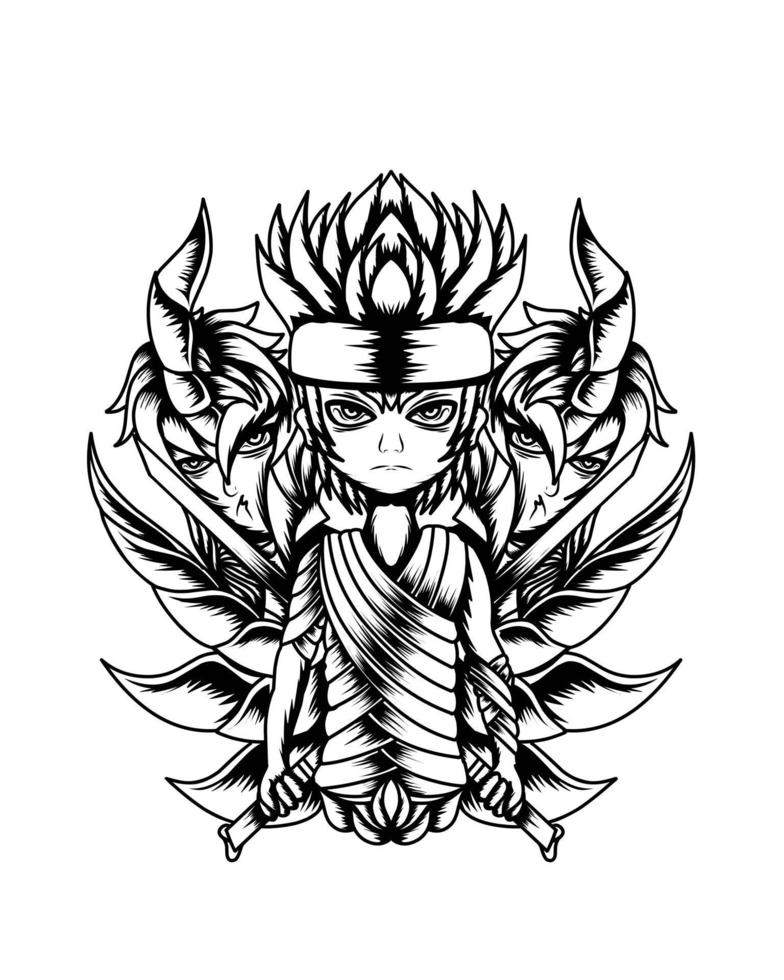illustration d'œuvres d'art en noir et blanc d'un enfant de samouraï mort-vivant vector.eps vecteur