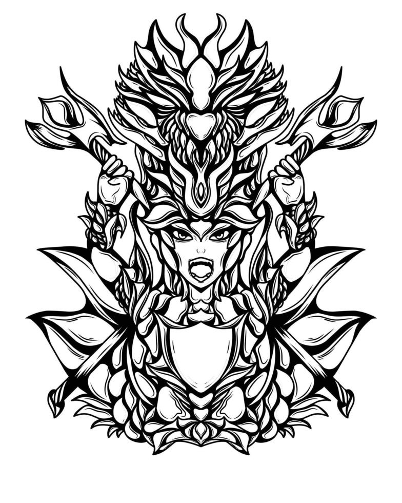 illustration d'œuvres d'art en noir et blanc du guerrier dragon vector.eps vecteur