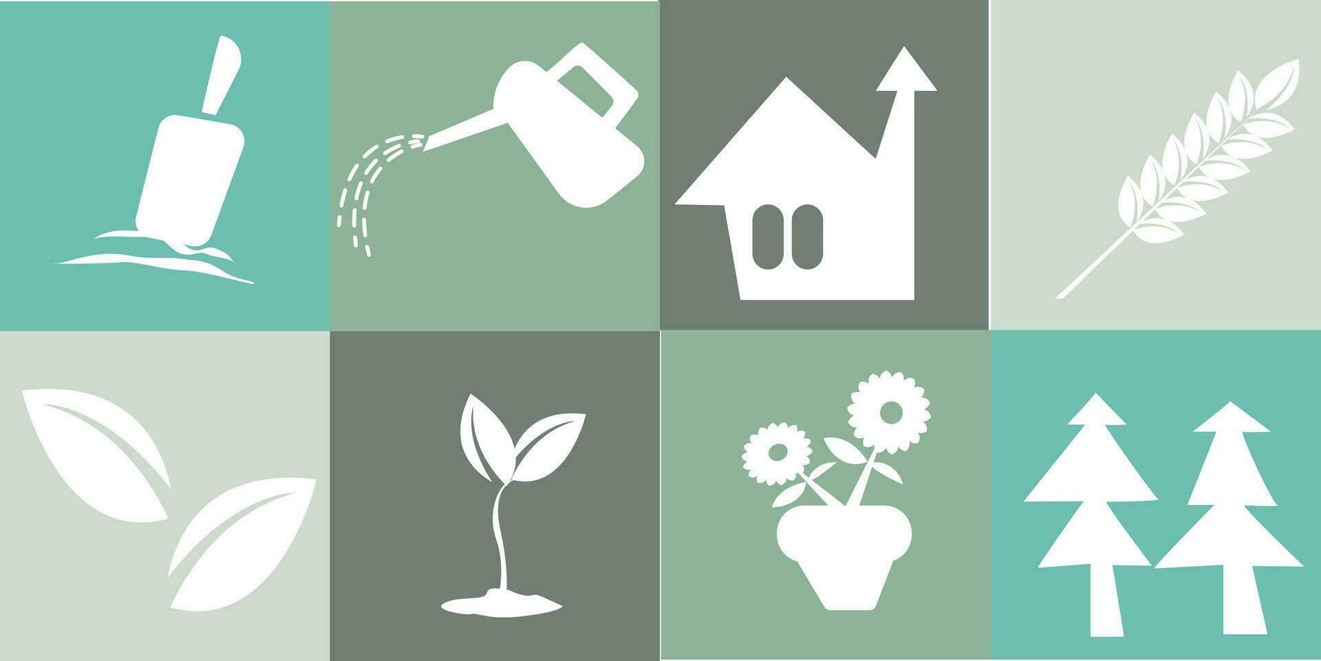 jardinage géométrique modèle vecteur. illustration de feuille, maison, arrosage, sol , des arbres et fleur. vecteur
