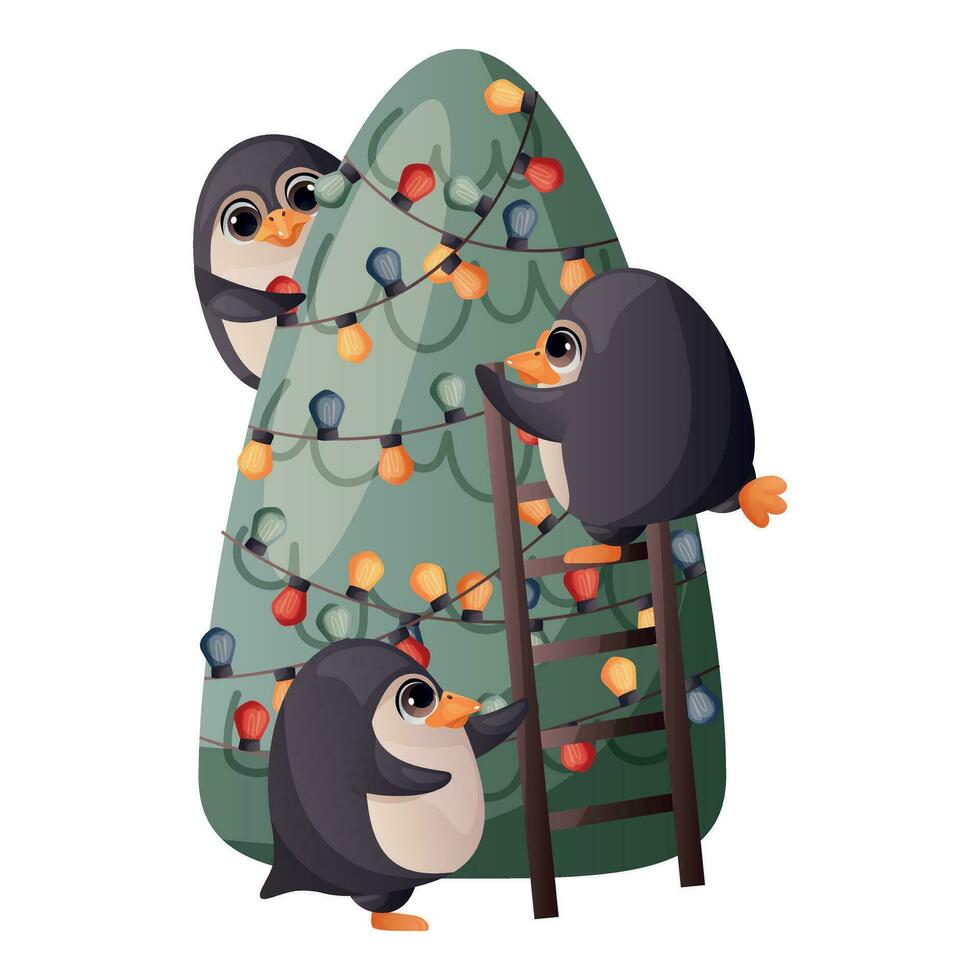 mignonne joyeux Noël pingouins décorer Noël arbre avec guirlande. content manchot mascotte célébrer Nouveau an. oiseau personnage pour Noël salutation cadeau étiqueter, carte, carte postale. hiver est à venir, chaud vœux vecteur