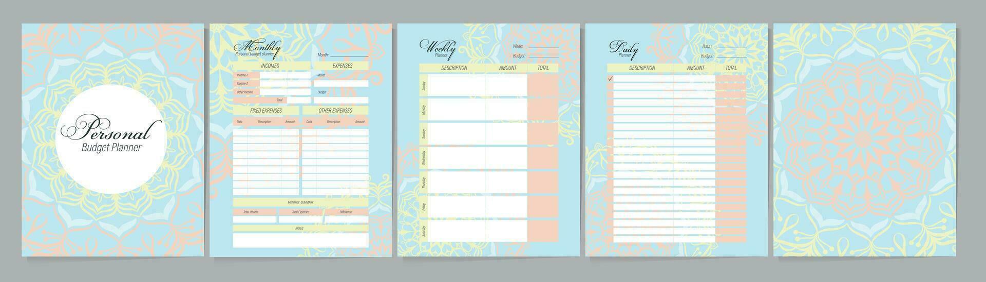 budget planificateur pour mois, semaine, journée. mandala couverture conception pour le carnet. minimaliste imprimable planificateur conception. vecteur