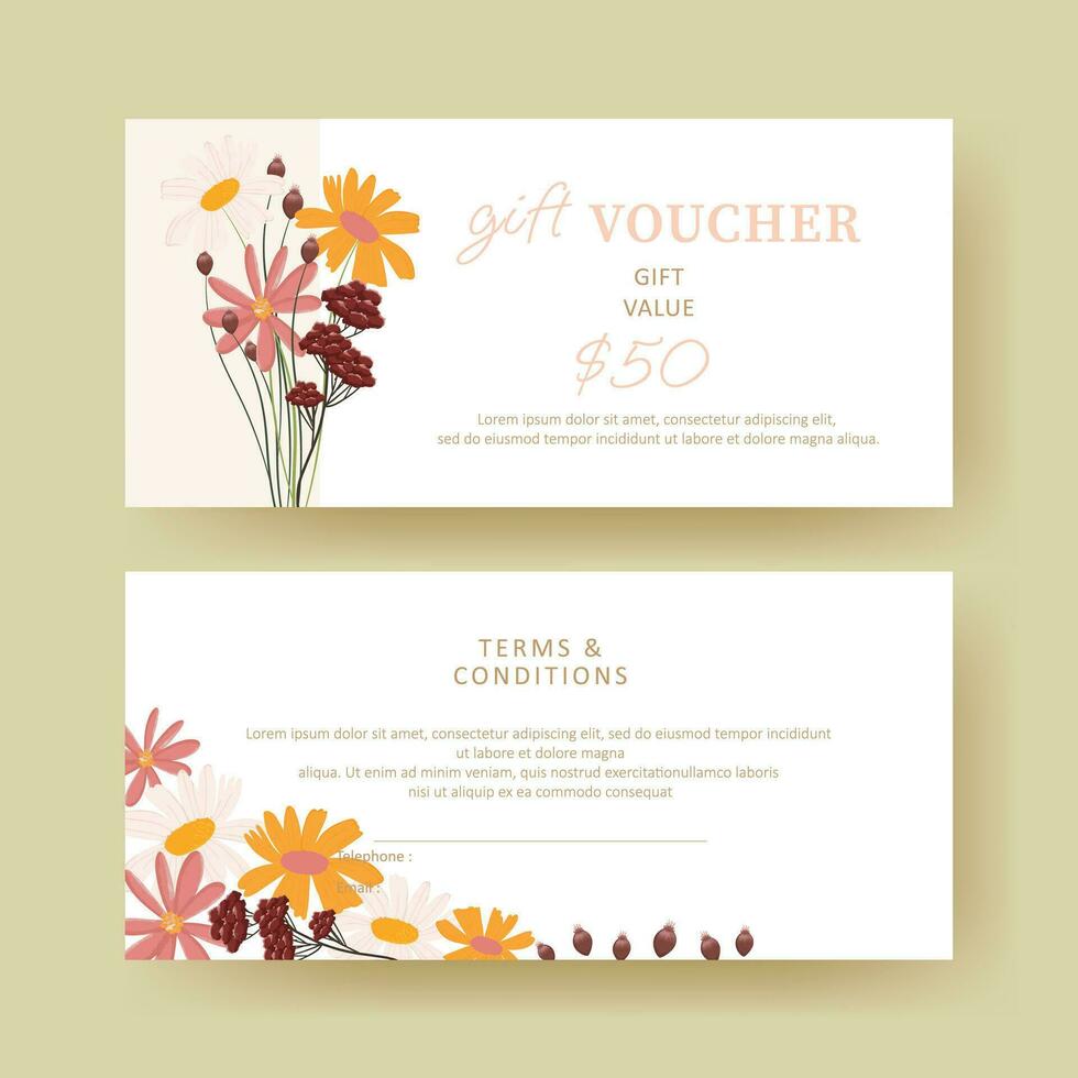 cadeau bon. coupon modèle avec botanique bouquet décoration. élégant esthétique conception. bien pour boutique, bijoux, floral boutique, beauté salon, spa, mode, prospectus, bannière conception. vecteur