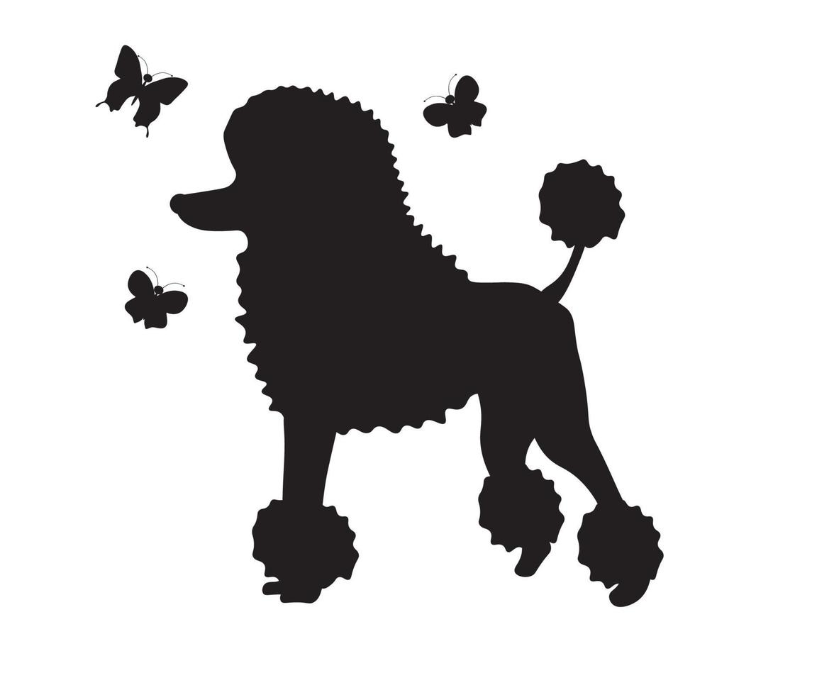 silhouette d'un caniche avec des papillons vecteur