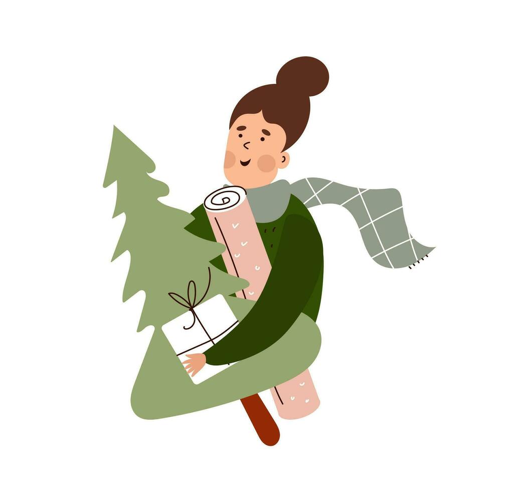 amusement plat dessin animé femme en portant présente pour le sien famille et une Nouveau année arbre. vecteur illustration sur blanc Contexte
