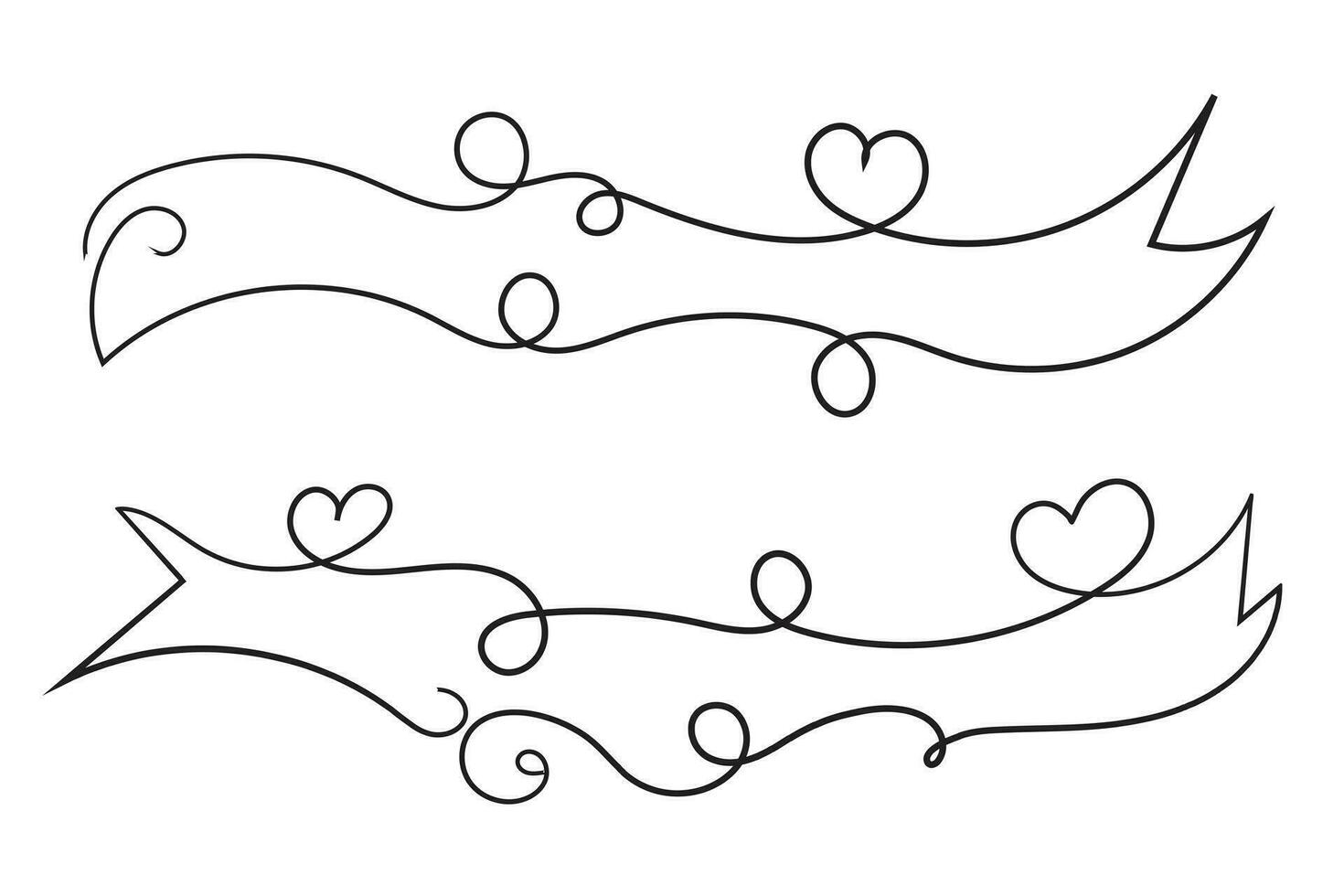 valentines journée frisé cœurs style calligraphie contour ruban, main dessin calligraphique cœur ruban vecteur bannière, décoratif cœurs romantique l'amour texte bannière, cœur faire défiler ligne contour ruban