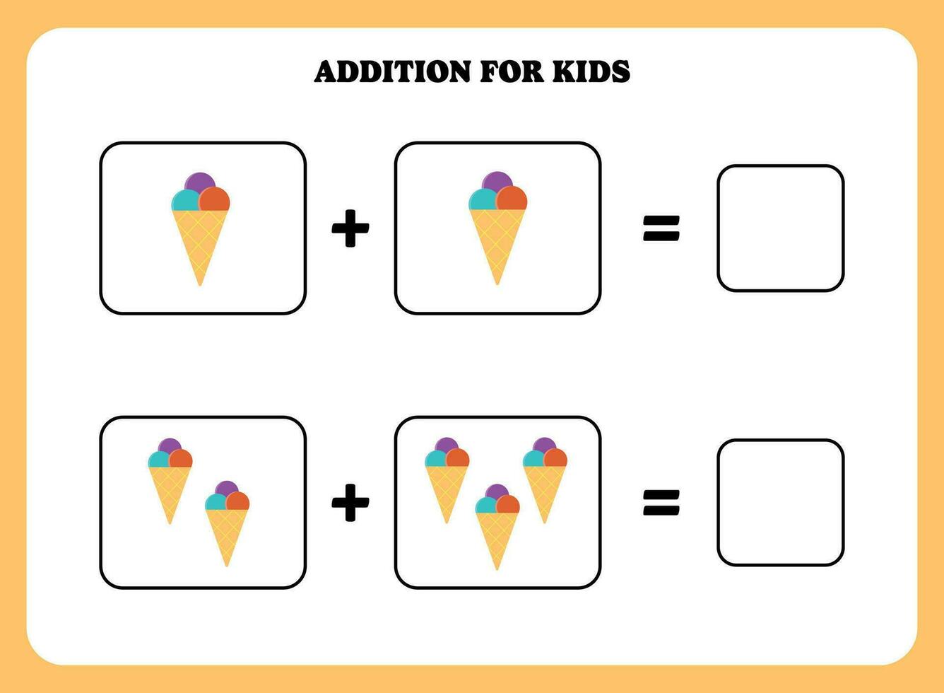 une addition page pour enfants. éducatif math Jeu pour les enfants avec la glace crème. imprimable feuille de travail conception. apprentissage mathématique. vecteur