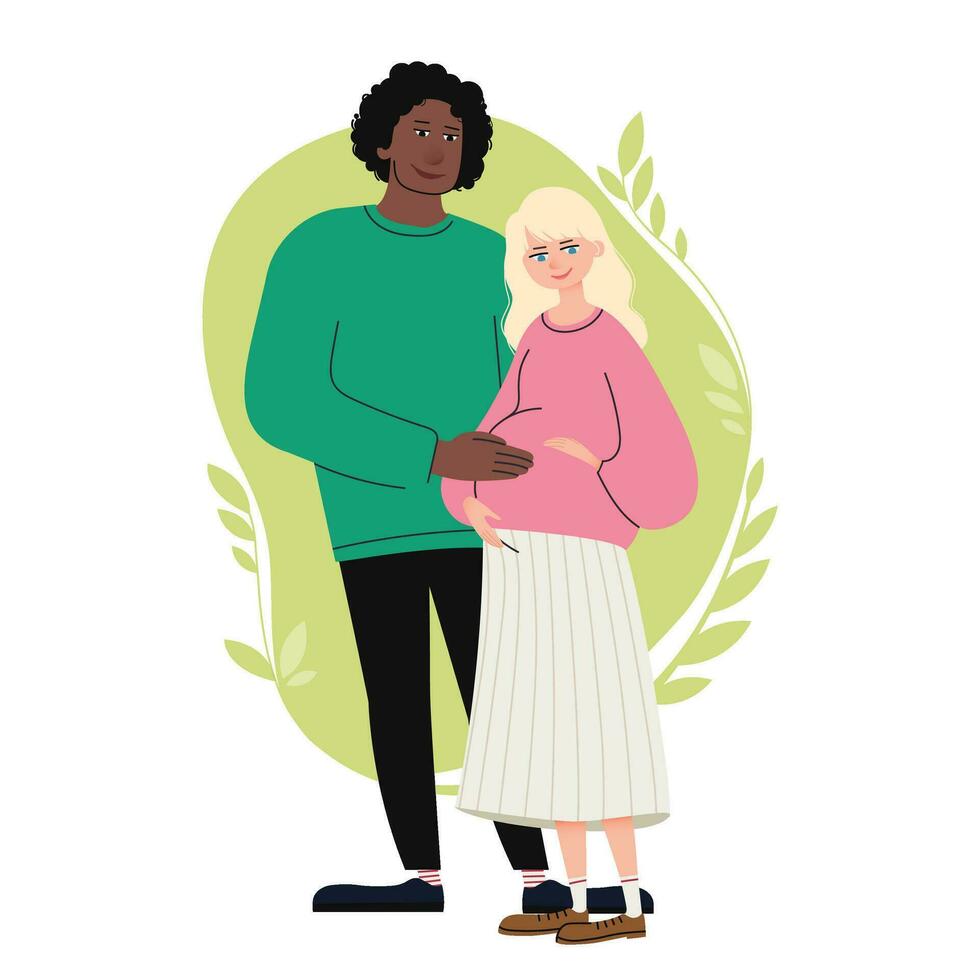 une content interracial couple attendant une bébé. une soins mari ou copain embrasse le sien Enceinte épouse ou petite amie. famille attendre pour une enfant. dessin animé vecteur illustration.