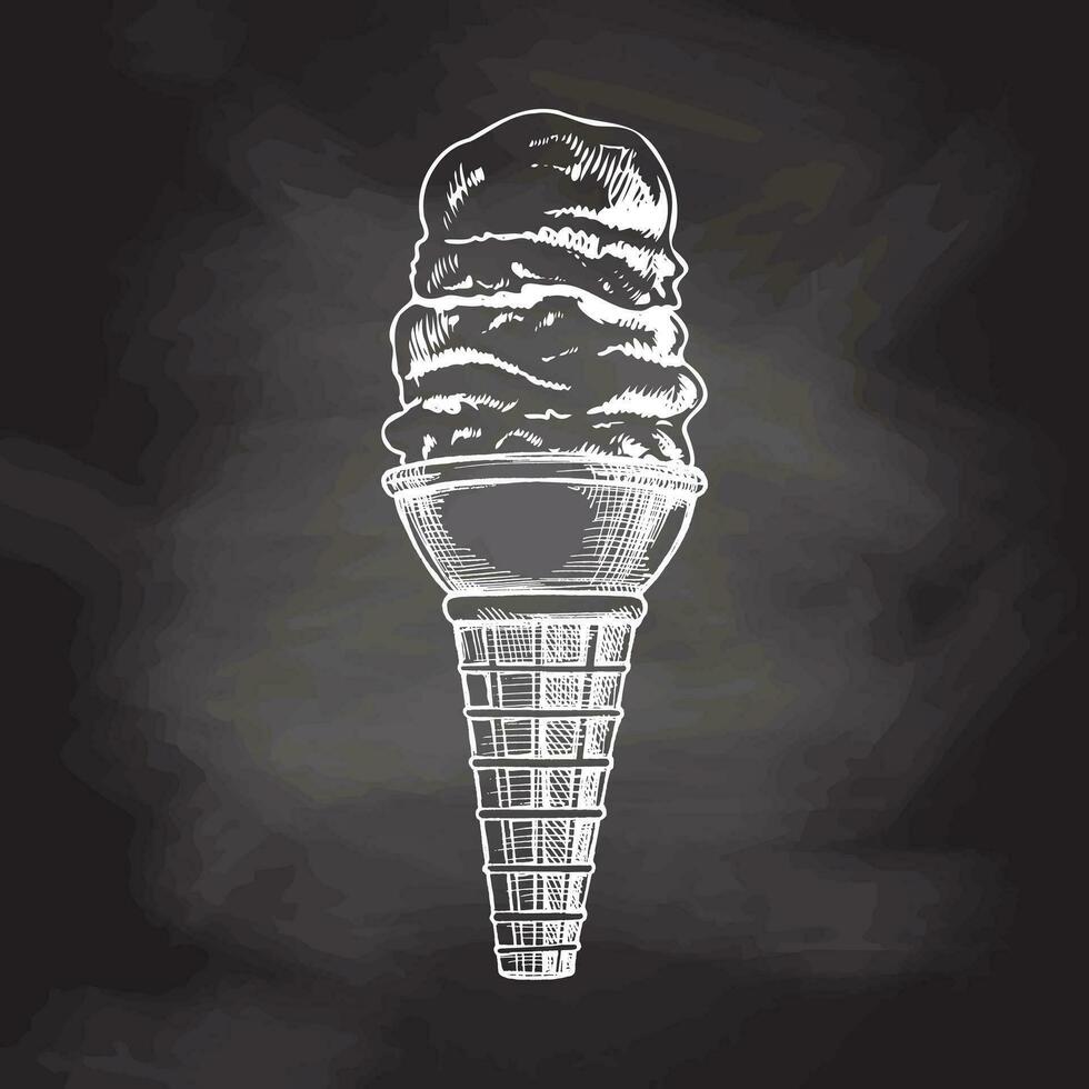 une dessiné à la main esquisser de une gaufre cône avec multi - en couches congelé yaourt ou doux la glace crème sur tableau noir Contexte. ancien illustration. élément pour le conception de Étiquettes, emballage. vecteur