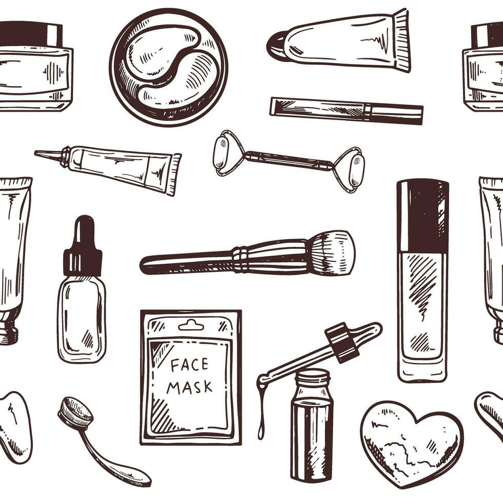 sans couture modèle de dessiné à la main griffonnage produits de beauté, beauté, soins auto-administrés éléments. illustration pour beauté salon, cosmétique magasin, maquillage conception. gravé image. vecteur