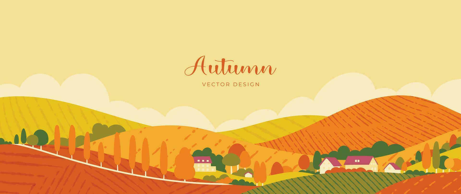 l'automne et pays paysage Contexte. saisonnier illustration vecteur de des arbres, village, colline, montagne, nuage avec aquarelle, brosse texture. conception pour pour promotion, publicité, bannière, carte.