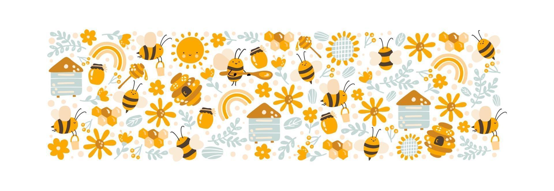 affiche de vecteur de miel coloré enfants dessinés à la main ensemble dabeille de dessin animé