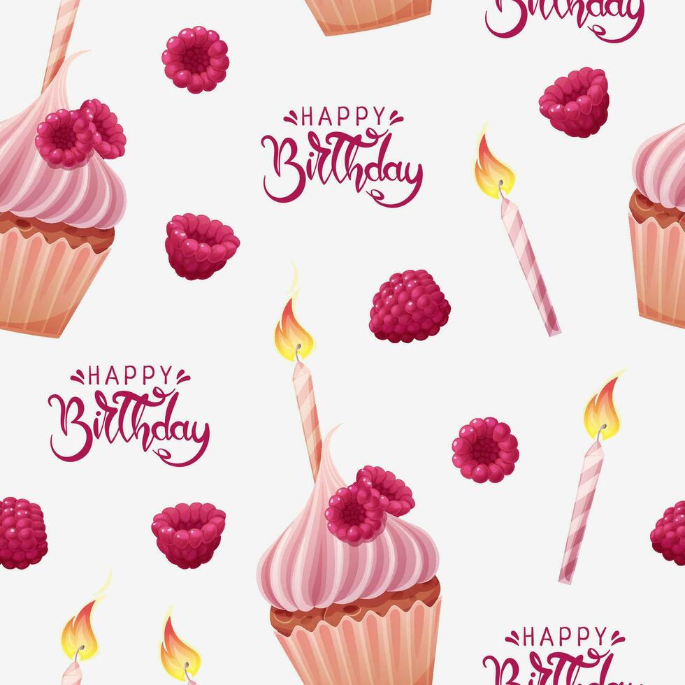 sans couture modèle avec petit gâteau décoré avec crème, framboises et une de fête bougie. anniversaire muffin Contexte. de fête texture pour emballage papier, cartes, tissu, fond d'écran. vecteur