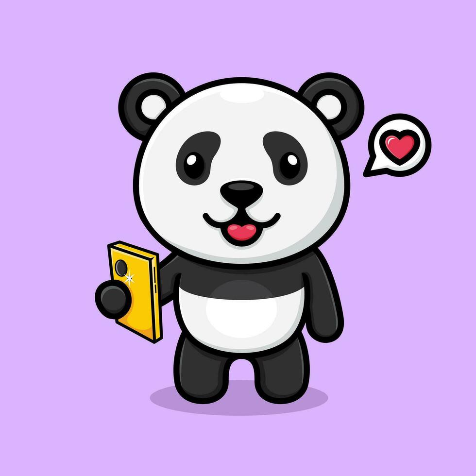 mignonne dessin animé Panda, prise une photo en utilisant une téléphone portable. vecteur