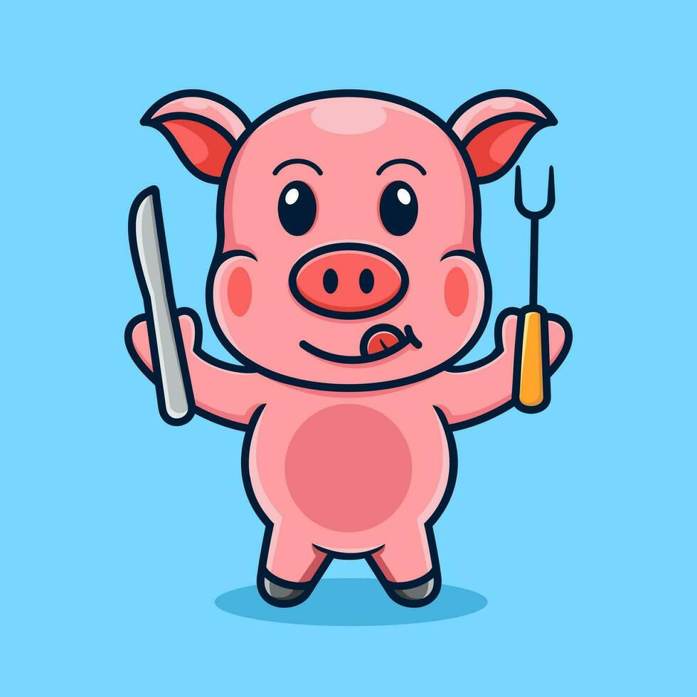 mignonne dessin animé cochon, en portant une un barbecue outil vecteur