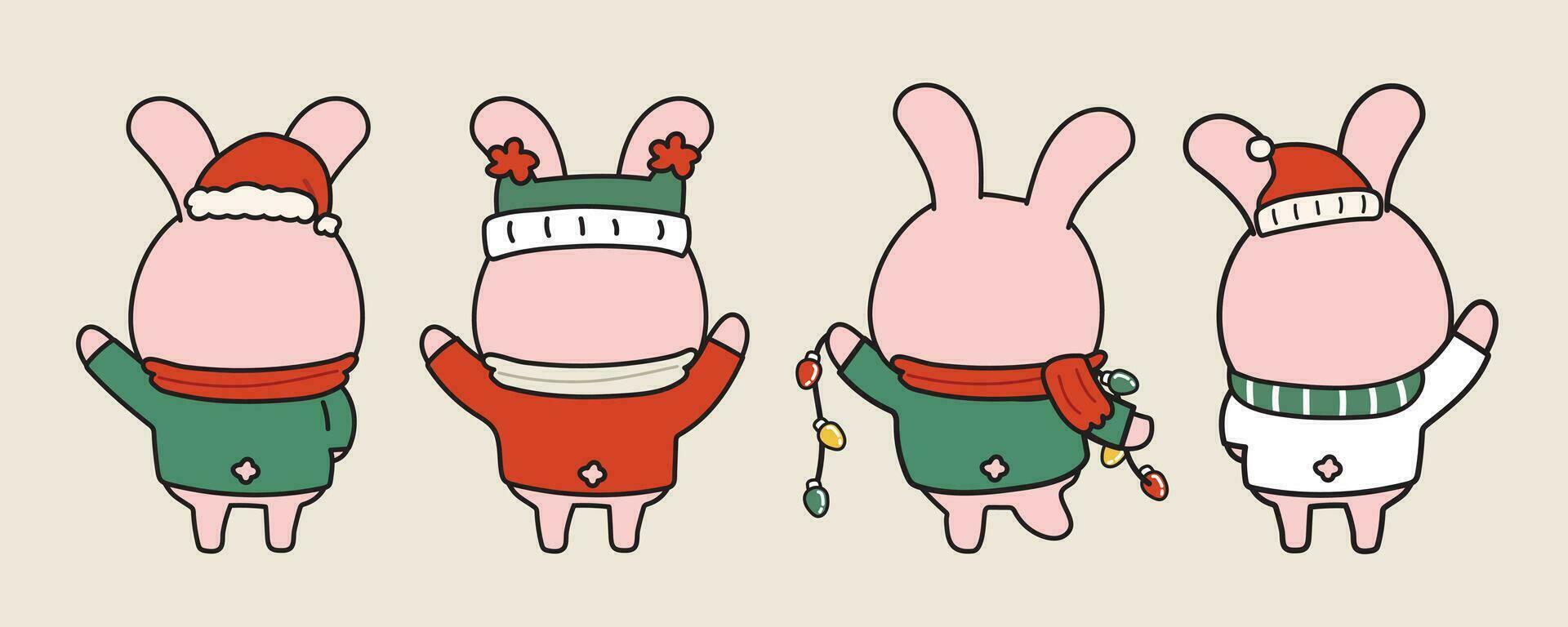 ensemble de mignonne derrière lapin dessin animé dans divers pose. joyeux Noël concept.animal personnage main tiré design.isolé.hiver.nouveau année.kawaii.vector.illustration. vecteur