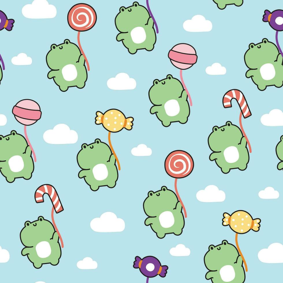 sans couture modèle de mignonne grenouille tenir bonbons ballon sur ciel nuage arrière-plan.reptile animal personnage dessin animé design.sweet et dessert.kawaii.vector.illustration. vecteur