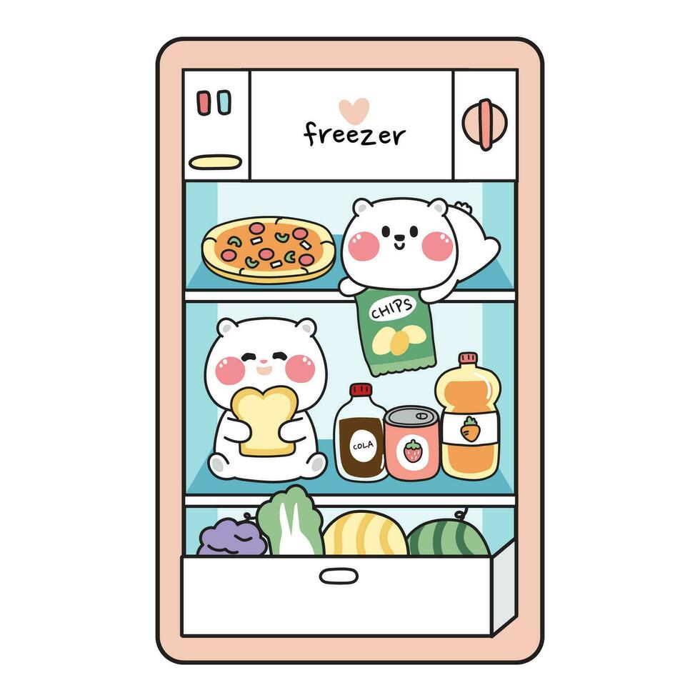 mignonne ours dans réfrigérateur avec nourriture et boisson dessin animé.animal personnage design.pizza, fruits, légumes, boisson main dessiné.teddy.freezer.isolated.kawaii.vetor.illustration. vecteur