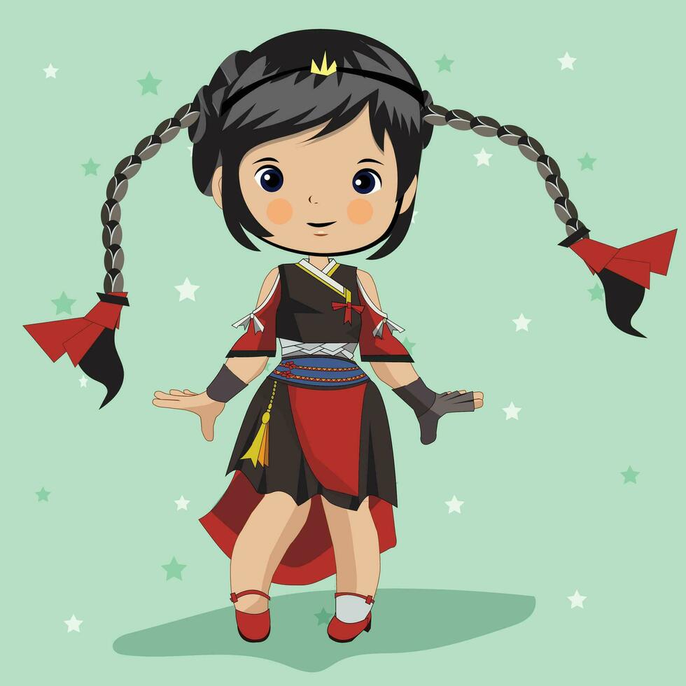 une dessin animé fille dans chinois robe avec tresses vecteur