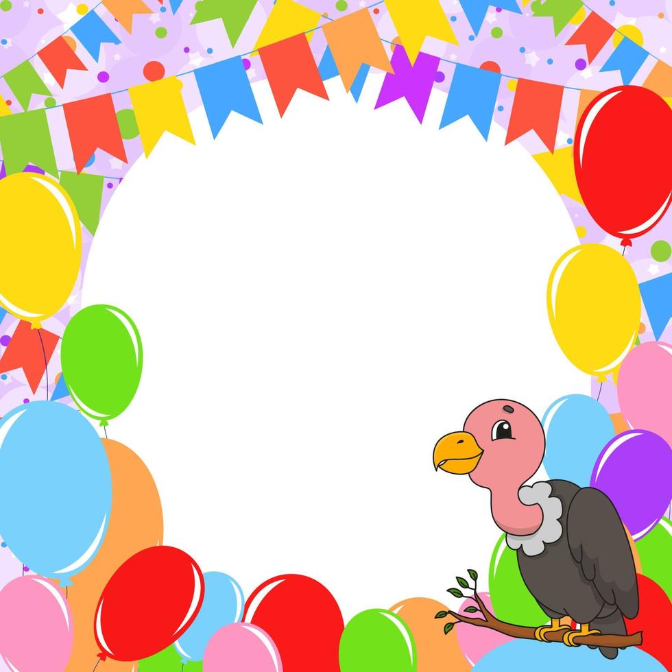 carte de voeux de joyeux anniversaire avec un personnage de dessin animé mignon. avec espace de copie pour votre texte. image sur fond de ballons lumineux, de confettis et de guirlandes. illustration vectorielle de couleur isolée. vecteur