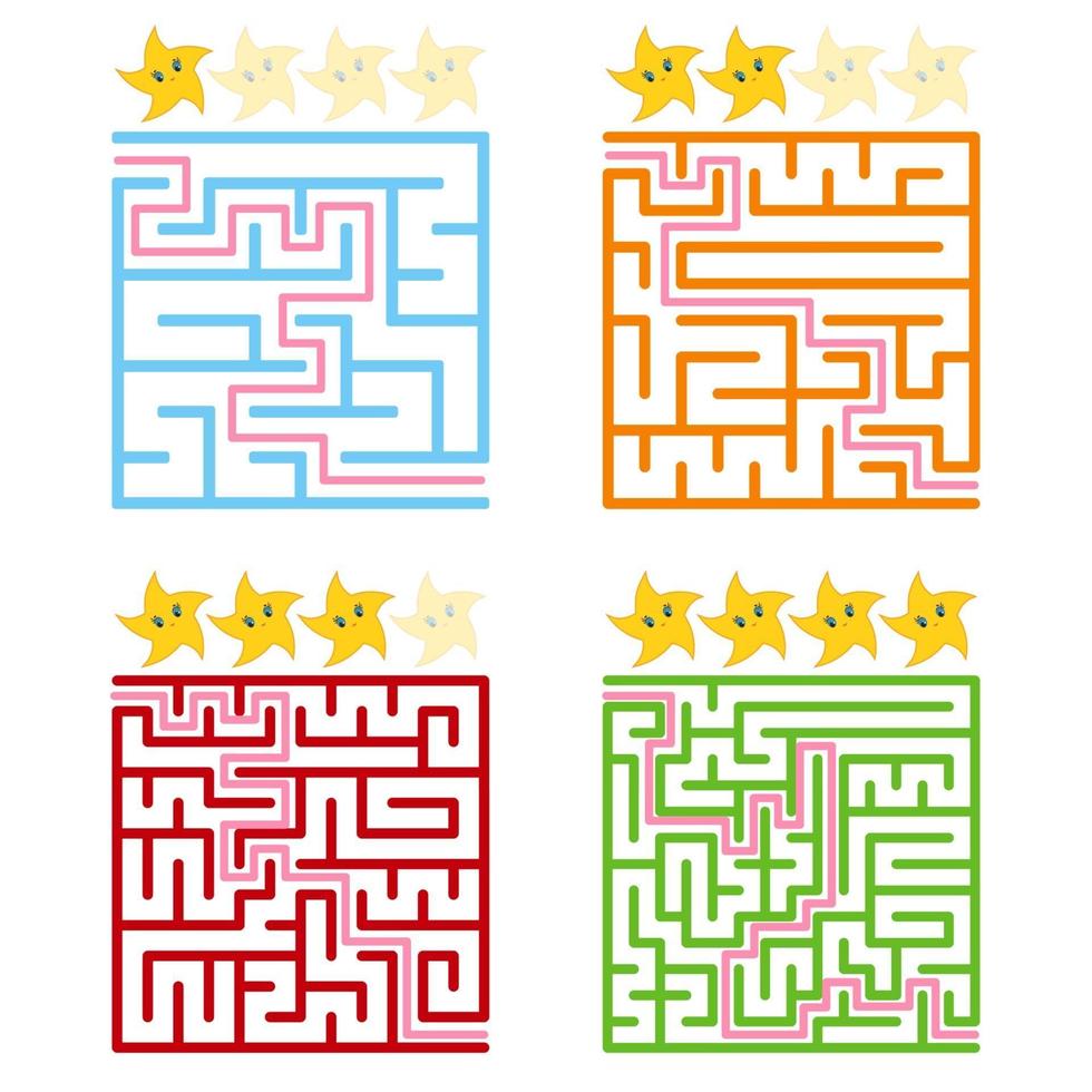 un labyrinthe carré avec une entrée et une sortie. un ensemble de quatre options de simple à complexe. évalué par les étoiles mignonnes. illustration vectorielle isolée sur fond blanc. avec la réponse. vecteur