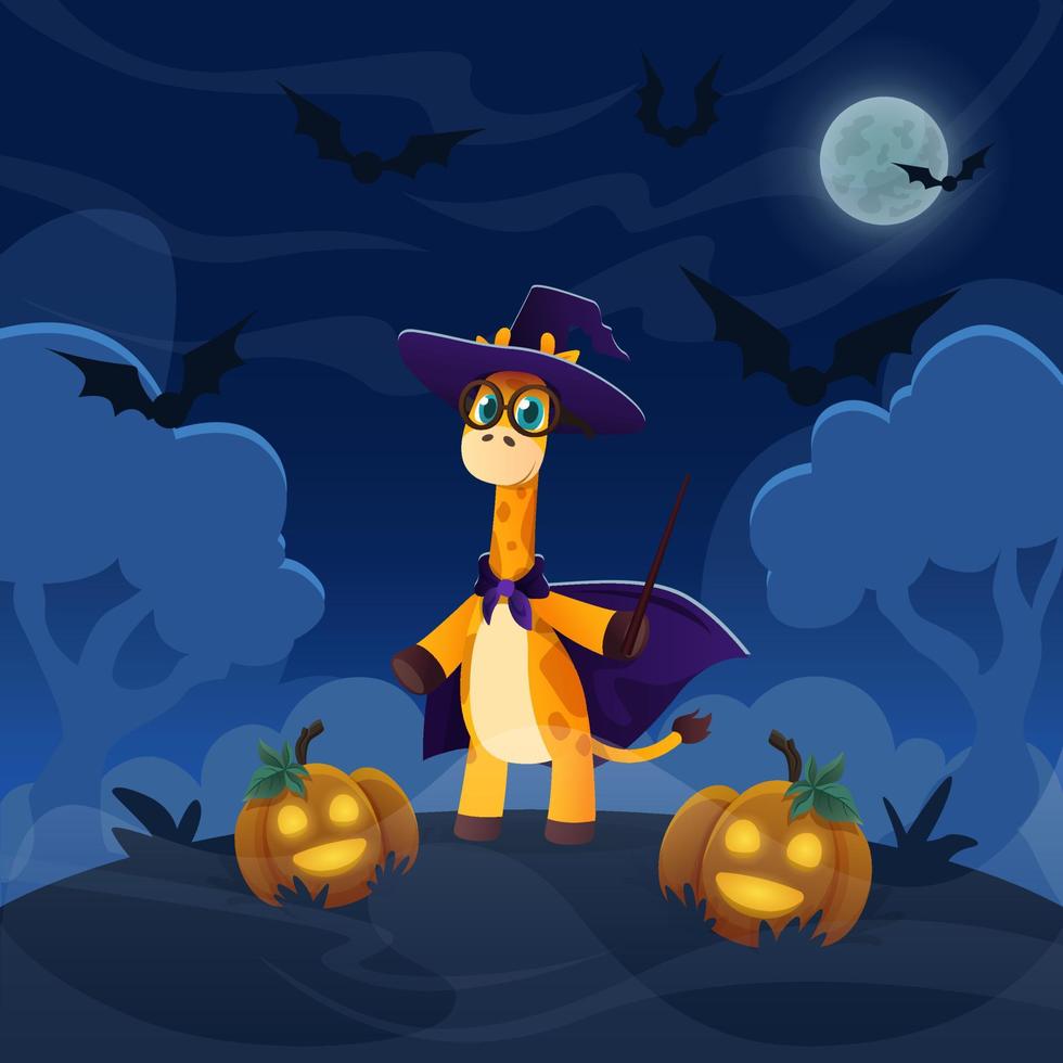 magicien girafe de dessin animé debout sur la colline dans la forêt. illustration d'halloween avec de drôles de lanternes pimpkin. ciel nocturne avec pleine lune et chauves-souris volantes vecteur