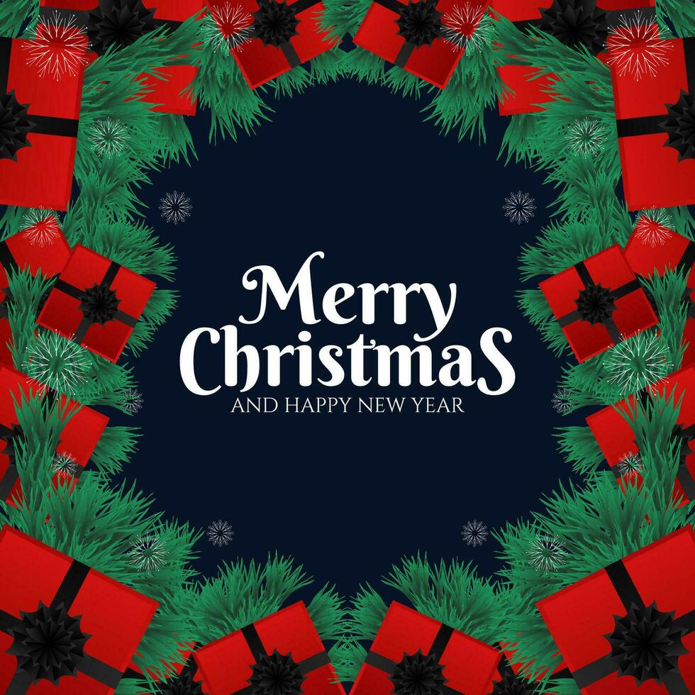joyeux Noël et content Nouveau année affiche avec guirlandes, flocons de neige et cadeau des boites sur foncé bleu Contexte. vecteur illustration