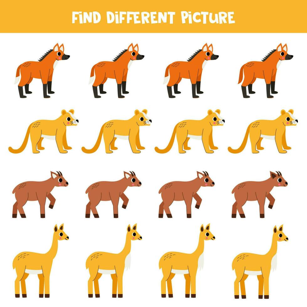 trouver différent Sud américain animal dans chaque ligne. logique Jeu pour préscolaire enfants. vecteur