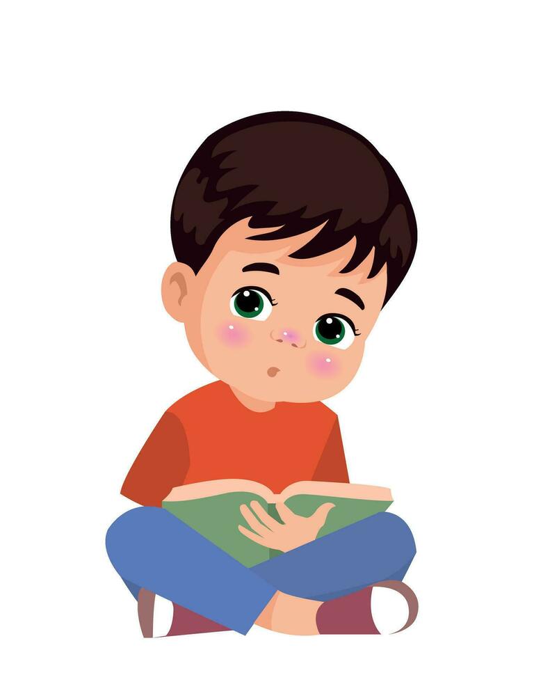 mignonne peu garçon en train de lire livre illustration vecteur