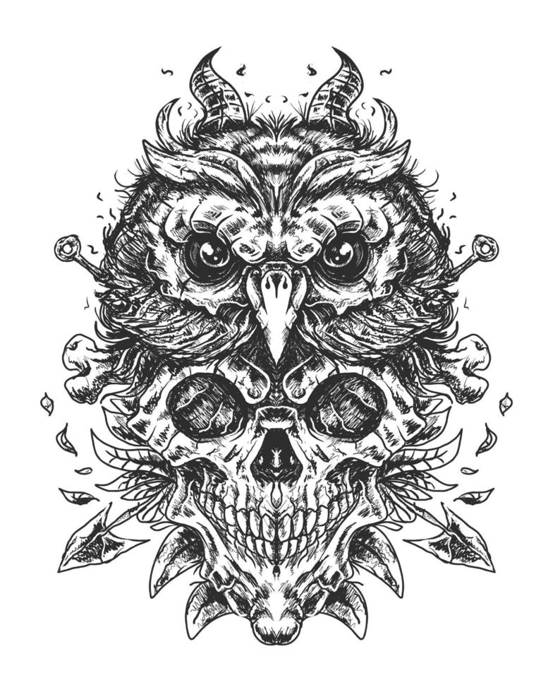 crâne et hibou dans l'illustration de style monochrome vecteur