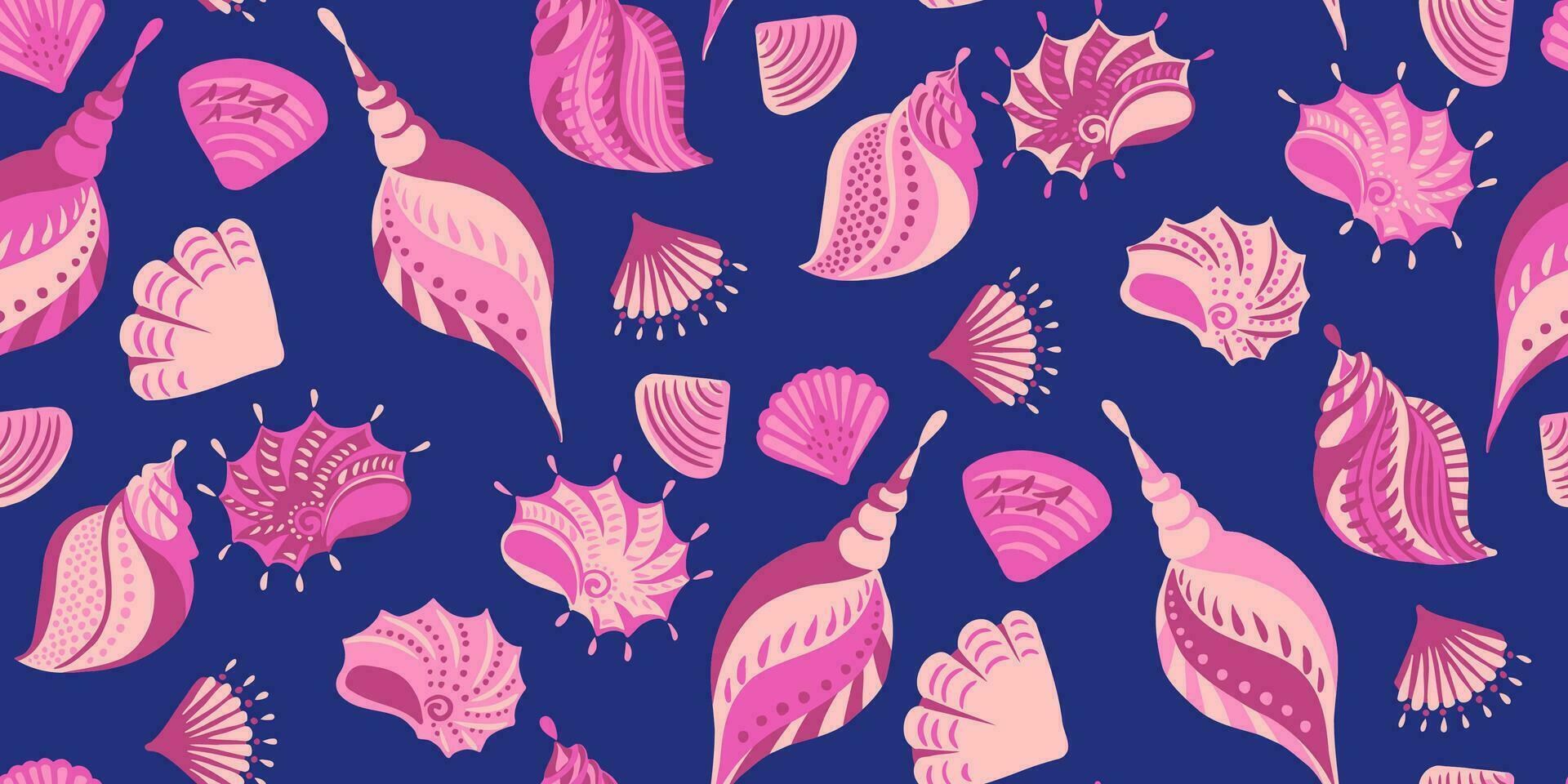 été mignonne océan mer coquilles sans couture modèle. vecteur main tiré griffonnage esquisser. coloré ensemble de rose coquilles sur une bleu Contexte. illustration pour été conception, imprimer, exotique fond d'écran, textile