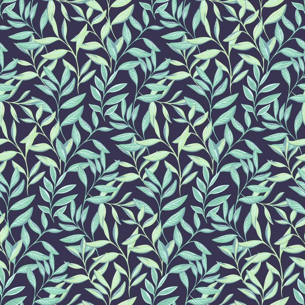 pastel vert feuilles tige sans couture modèle sur une foncé Contexte. abstrait, tropical, moderne, fleuri branches feuille imprimer. vecteur main dessiné. conception pour tissu, mode, fond d'écran, textile