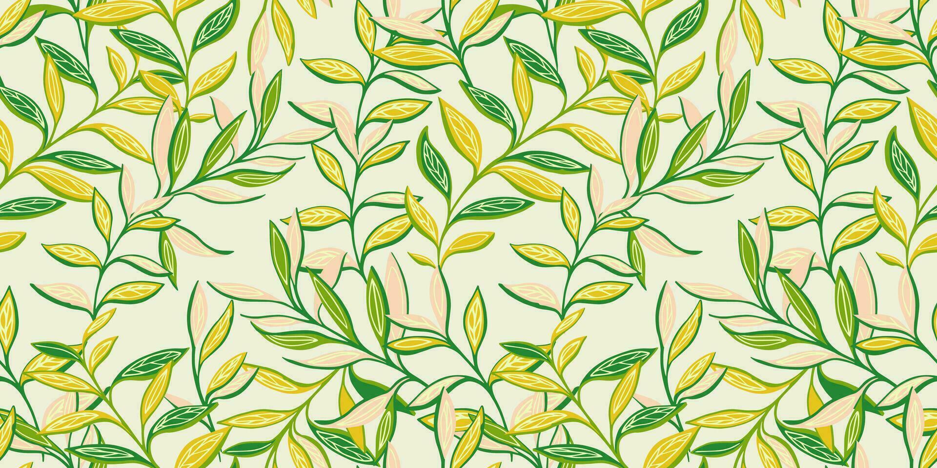 Créatif Facile feuilles entrelacés dans une sans couture modèle. branché, moderne, coloré Jaune vert feuilles. vecteur main tiré esquisser. modèle pour textile, mode, imprimer, surface conception, en tissu