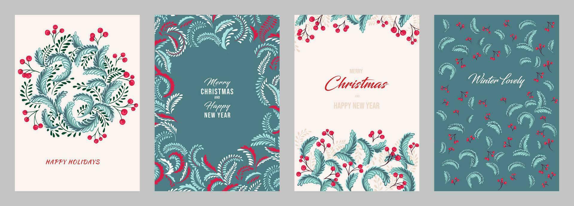 Noël modèles avec copie espace. ensemble salutation cartes joyeux Noël, content Nouveau année avec vecteur main tiré décoratif, abstrait, artistique Noël couronne, fleuri floral cadre, hiver ornement