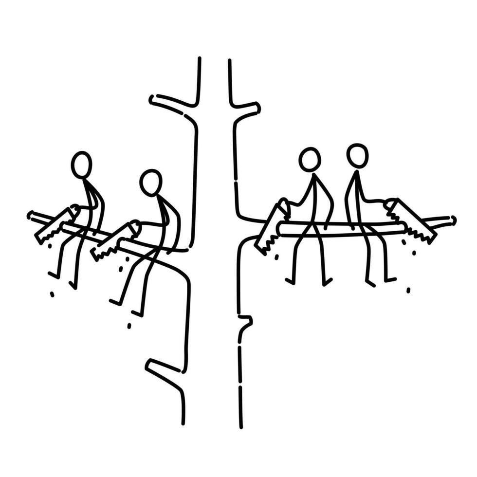 une homme est sciage une branche sur lequel il est séance. illustration de Hommes séance sur différent branches de une arbre. vecteur. illustration pour animation, bannière ou placer. Facile contour homme. vecteur