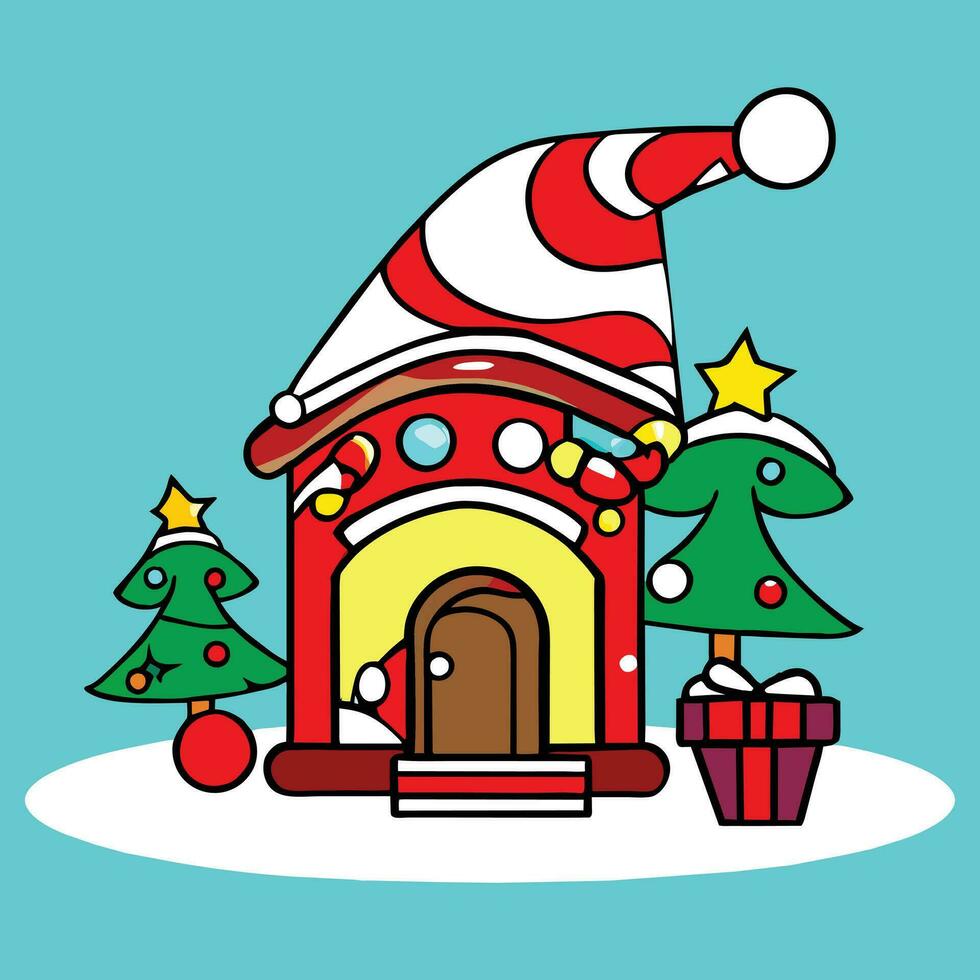 une dessin animé maison avec une Père Noël chapeau sur Haut vecteur