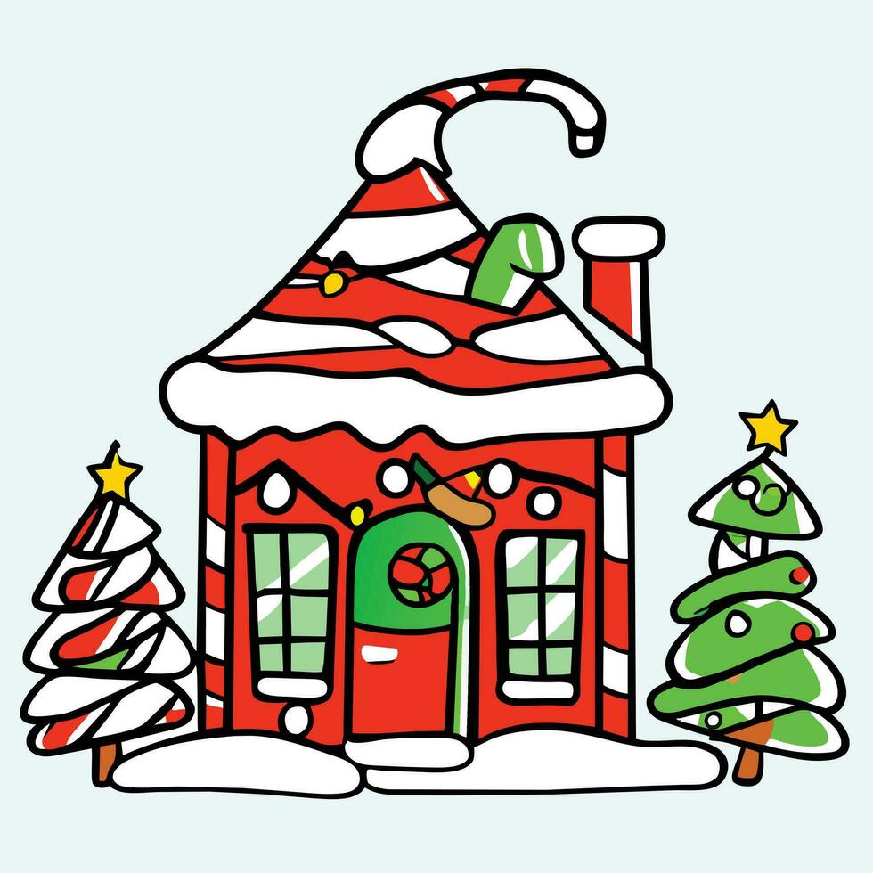 une dessin animé maison avec une Père Noël chapeau sur Haut vecteur