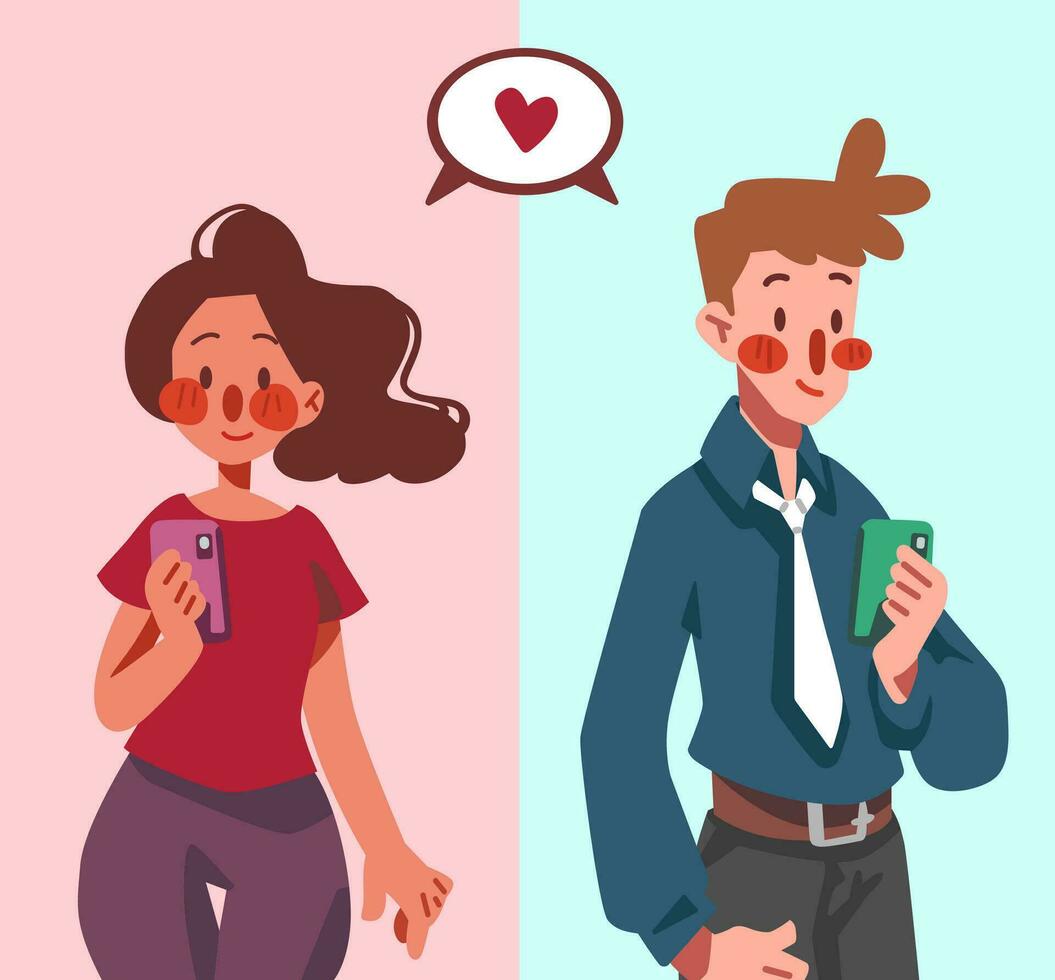 une couple envoyer des SMS sur téléphone à dire Comment beaucoup elles ou ils l'amour. une couple Messagerie. content la Saint-Valentin journée. vecteur